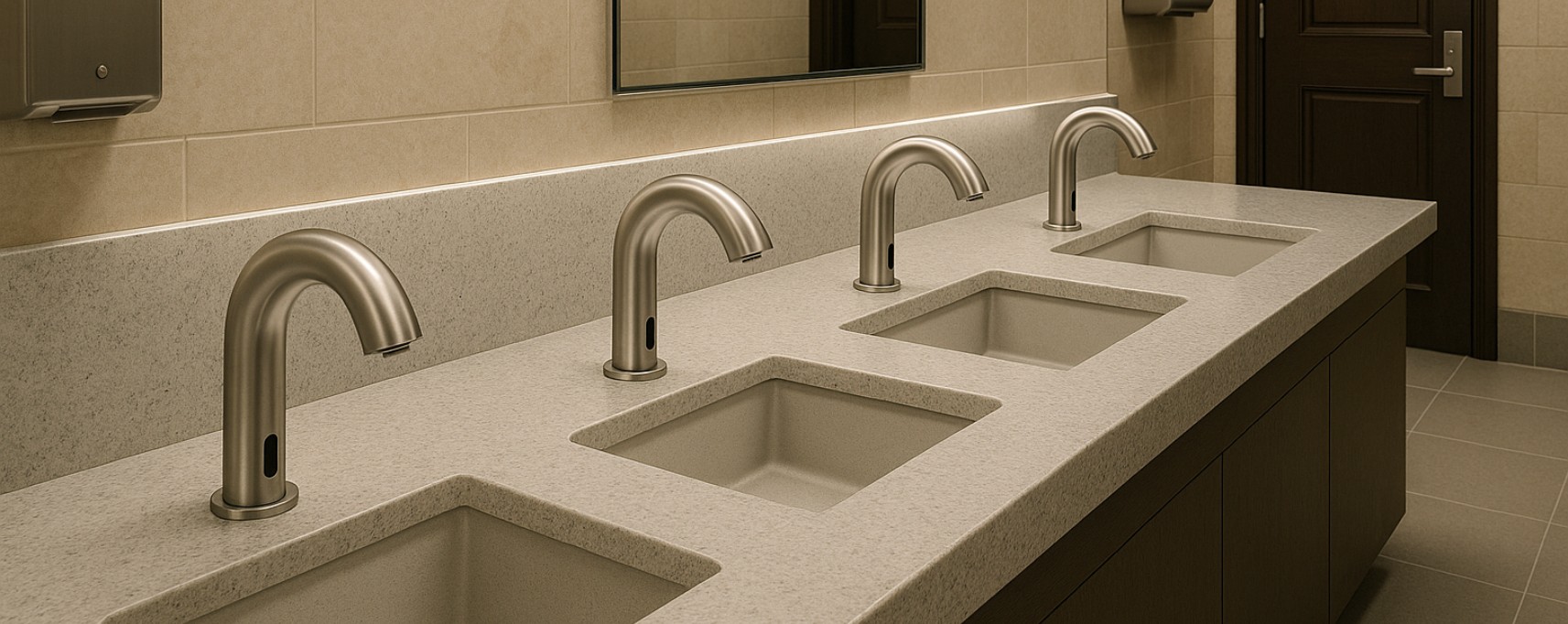 Architect-grade touchless faucets and soap dispensers installed in a commercial airport restroom